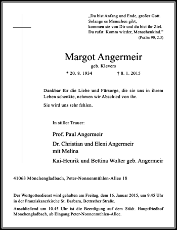 Todesanzeige von Margot Angermeir geb. Klevers von Rheinische Post