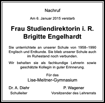 Todesanzeige von Frau Studiendirektorin i. R. Brigitte Engelhardt von Rheinische Post