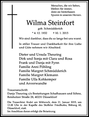 Todesanzeige von Wilma Steinfort von Rheinische Post