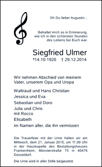 Todesanzeige von Siegfried Ulmer von Rheinische Post
