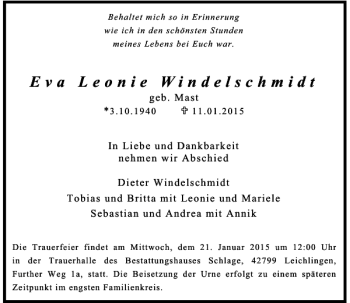 Todesanzeige von Eva Leonie Windelschmidt von Rheinische Post