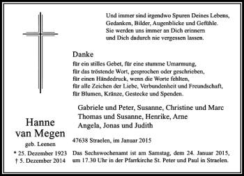 Todesanzeige von Hanne van Megen von Rheinische Post