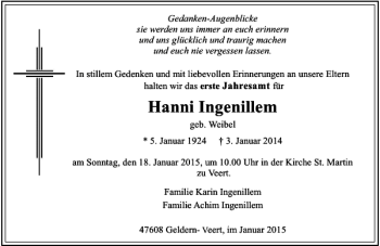 Todesanzeige von Hanni Ingenillem von Rheinische Post