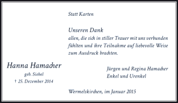 Todesanzeige von Hanna Hamacher von Rheinische Post