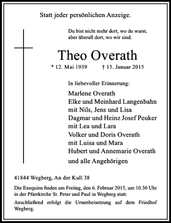 Todesanzeige von Theo Overath von Rheinische Post