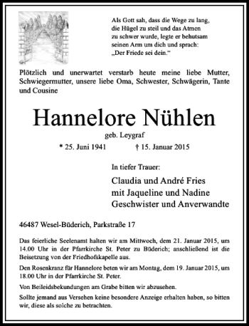 Todesanzeige von Hannelore Nühlen von Rheinische Post