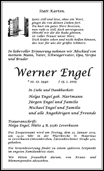 Todesanzeige von Werner Engel von Rheinische Post
