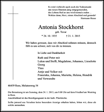 Todesanzeige von Antonia Stockhorst von Rheinische Post