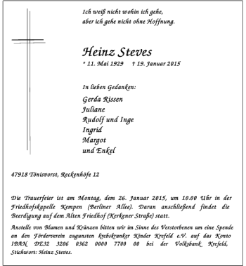 Todesanzeige von Heinz Steves von Rheinische Post
