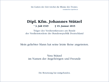 Todesanzeige von Dipl. Kfm. Johannes Stützel von Rheinische Post