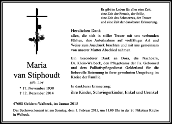 Todesanzeige von Maria van Stiphoudt von Rheinische Post