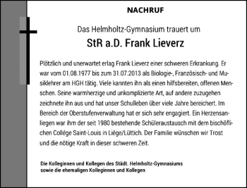 Todesanzeige von StR a.D. Frank Lieverz von Rheinische Post