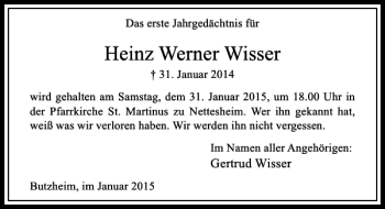 Todesanzeige von Heinz Werner Wisser von Rheinische Post