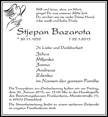 Todesanzeige von Stjepan Bazarota von Rheinische Post