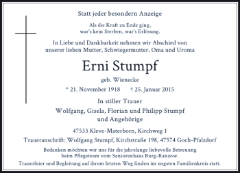 Todesanzeige von Erni Stumpf von Rheinische Post