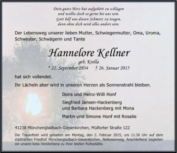 Todesanzeige von Hannelore Kellner von Rheinische Post