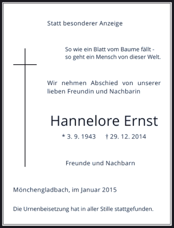 Todesanzeige von Hannelore Ernst von Rheinische Post