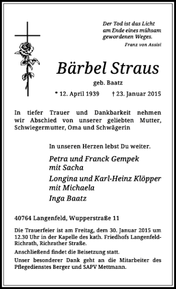 Todesanzeige von Bärbel Straus von Rheinische Post