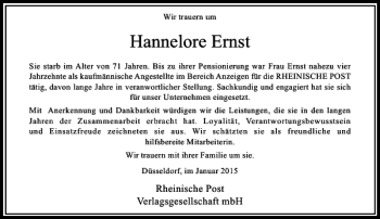 Todesanzeige von Hannelore Ernst von Rheinische Post
