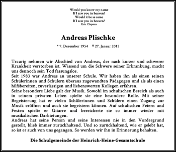 Todesanzeige von Plischke Andreas von Rheinische Post