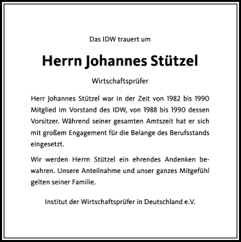 Todesanzeige von Johannes Stützel von Rheinische Post