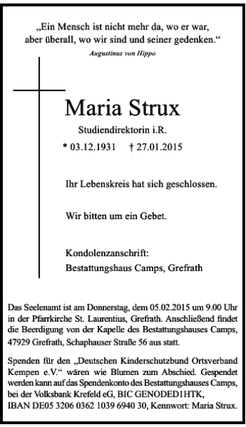 Todesanzeige von Maria Strux von Rheinische Post