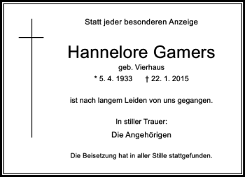 Todesanzeige von Hannelore Gamers von Rheinische Post