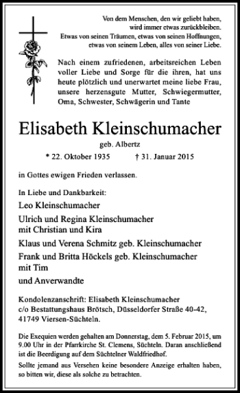 Todesanzeige von Kleinschumacher Elisabeth von Rheinische Post