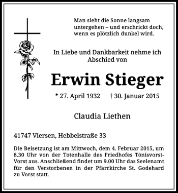 Todesanzeige von Erwin Stieger von Rheinische Post