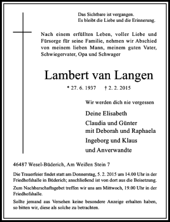 Todesanzeige von Lambert van Langen von Rheinische Post