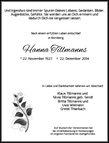 Todesanzeige von Hanna Tillmanns von Rheinische Post