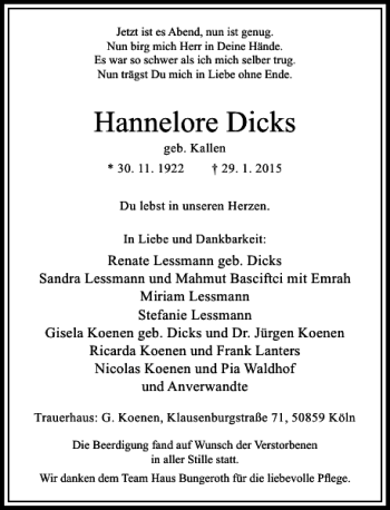 Todesanzeige von Hannelore Dicks von Rheinische Post