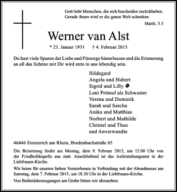 Todesanzeige von Werner von Alst von Rheinische Post