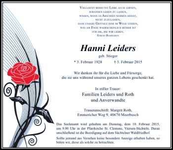 Todesanzeige von Hanni Leiders geb. Stieger von Rheinische Post