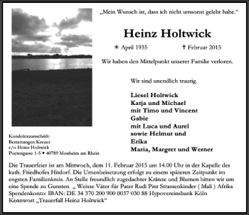 Todesanzeige von Holtwick Heinz von Rheinische Post