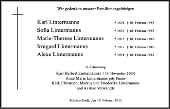 Todesanzeige von Karl, Sofia, Marie-Theresa, Irmgard, Alexe Lintermanns  von Rheinische Post