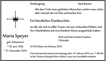 Todesanzeige von Maria Speyer von Rheinische Post
