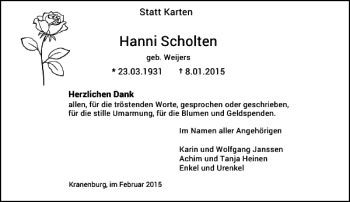 Todesanzeige von Hanni Scholten von Rheinische Post