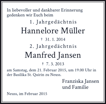 Todesanzeige von Hannelore Müller Manfred Jansen von Rheinische Post