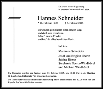 Todesanzeige von Hannes Schneider von Rheinische Post