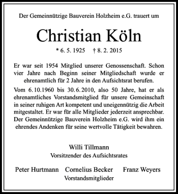 Todesanzeige von Christian Köln von Rheinische Post
