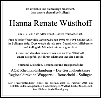 Todesanzeige von Hanna Renate Wüsthoff von Rheinische Post