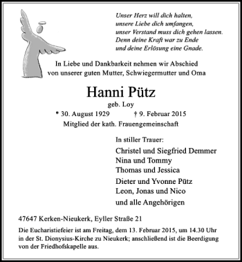 Todesanzeige von Hanni Pütz von Rheinische Post