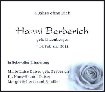 Todesanzeige von Hanni Berberich von Rheinische Post