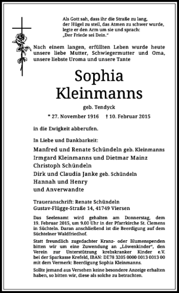 Todesanzeige von Sophia Kleinmanns von Rheinische Post