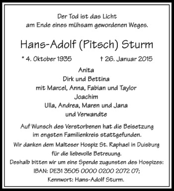 Todesanzeige von Pitsch Sturm Hans-Adolf von Rheinische Post