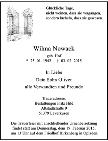 Todesanzeige von Nowack Wilma von Rheinische Post