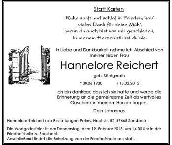 Todesanzeige von Hannelore Reichert von Rheinische Post