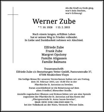 Todesanzeige von Werner Zube von Rheinische Post
