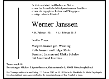 Todesanzeige von Werner Janssen von Rheinische Post